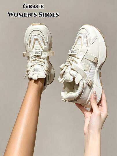 2026 New Women's Sports Shoes: Thick Sole Sneakers, Breathable Mesh & Stitching Craft, Mixed Color Design, Casual Height-Increasing Design With Mesh Ventilation, Spring/Summer Style