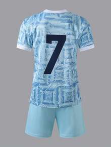Boys' Summer Sports Set, Mesh Football Jersey With Number 7 Print, Short Sleeve & Shorts, 2 Pieces Training Outfit - Baby Blue - View 2