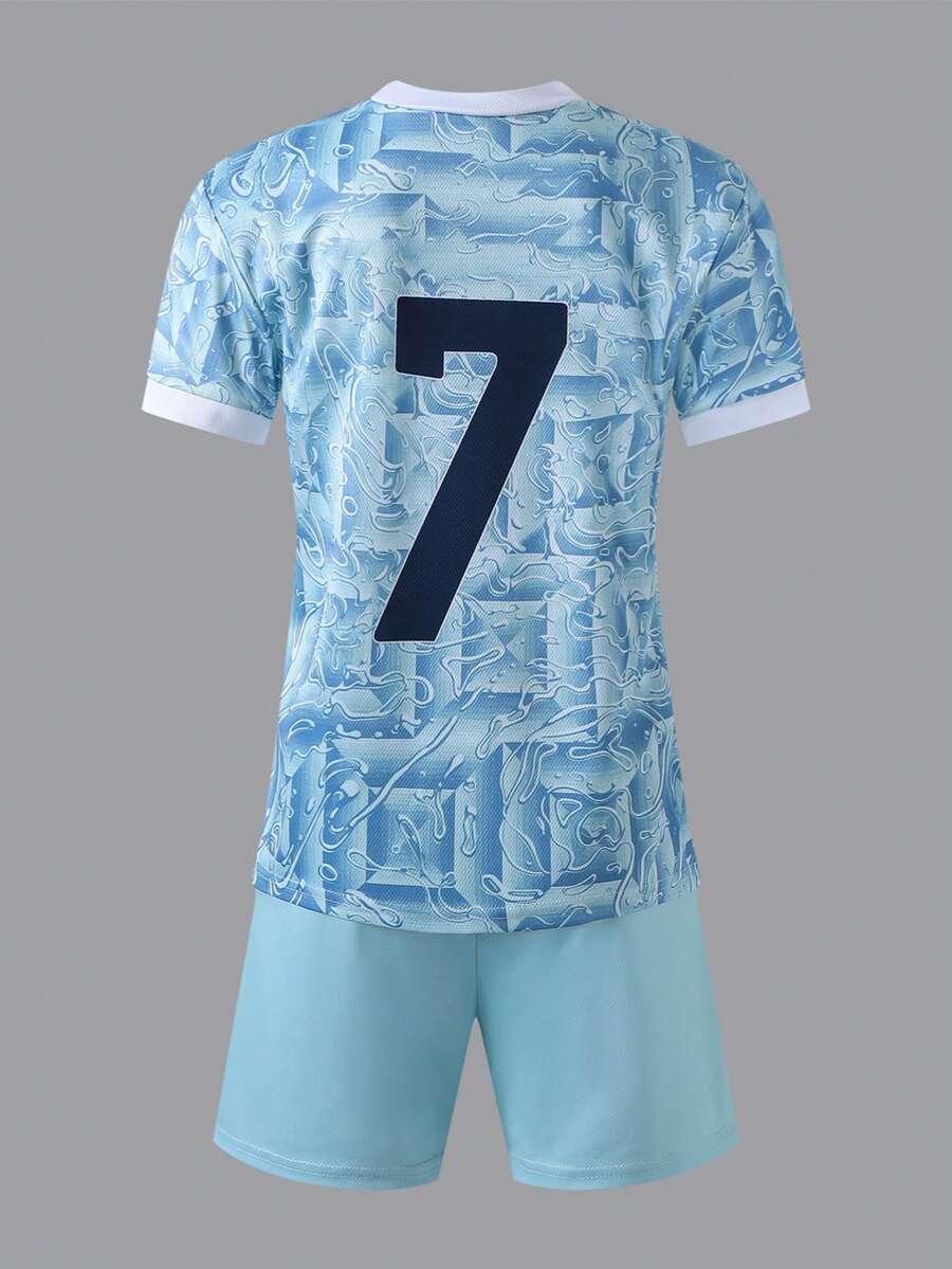 Boys' Summer Sports Set, Mesh Football Jersey With Number 7 Print, Short Sleeve & Shorts, 2 Pieces Training Outfit - Baby Blue - View 1