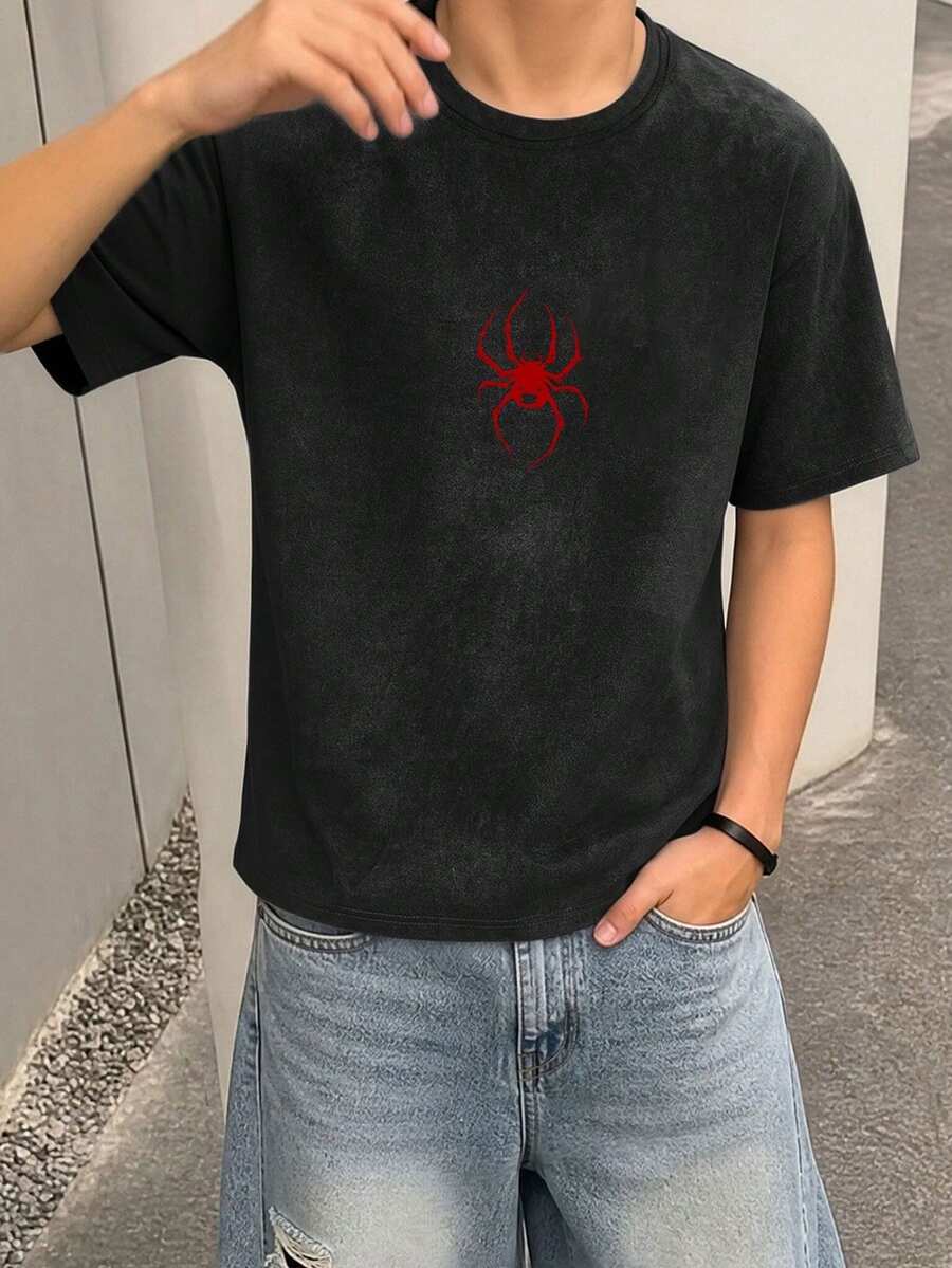 1pc Teen Boys Fashion Personalized Versatile Spider Print Vintage Suede Short Sleeve Shirt - Black - View 1