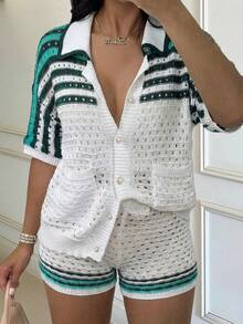 Women's Casual 2-Piece Striped Knit Top Set, V-Neck Button Front Short Sleeve Cardigan With Pockets And Elastic Waist Shorts Fall - Multicolor - View 1