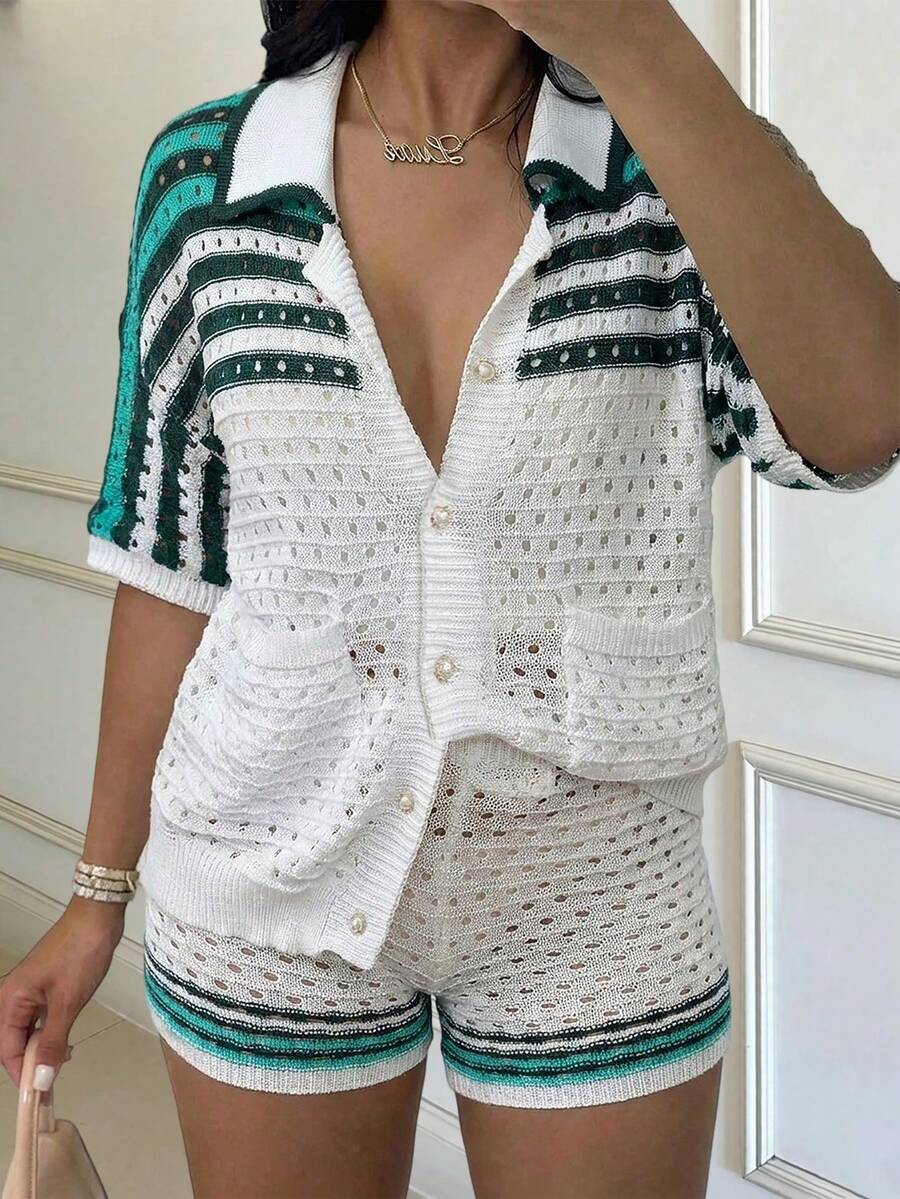 Women's Casual 2-Piece Striped Knit Top Set, V-Neck Button Front Short Sleeve Cardigan With Pockets And Elastic Waist Shorts Fall - Multicolor - View 1