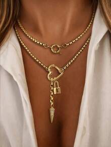  1PC Gold HeartBuckle With Multi Droplet-Shaped Pendant Necklace, Lock Droplet Diamond Chain,Luxury Style For Ladies' Exquisite Holiday Party Gift - Yellow Gold - View 1