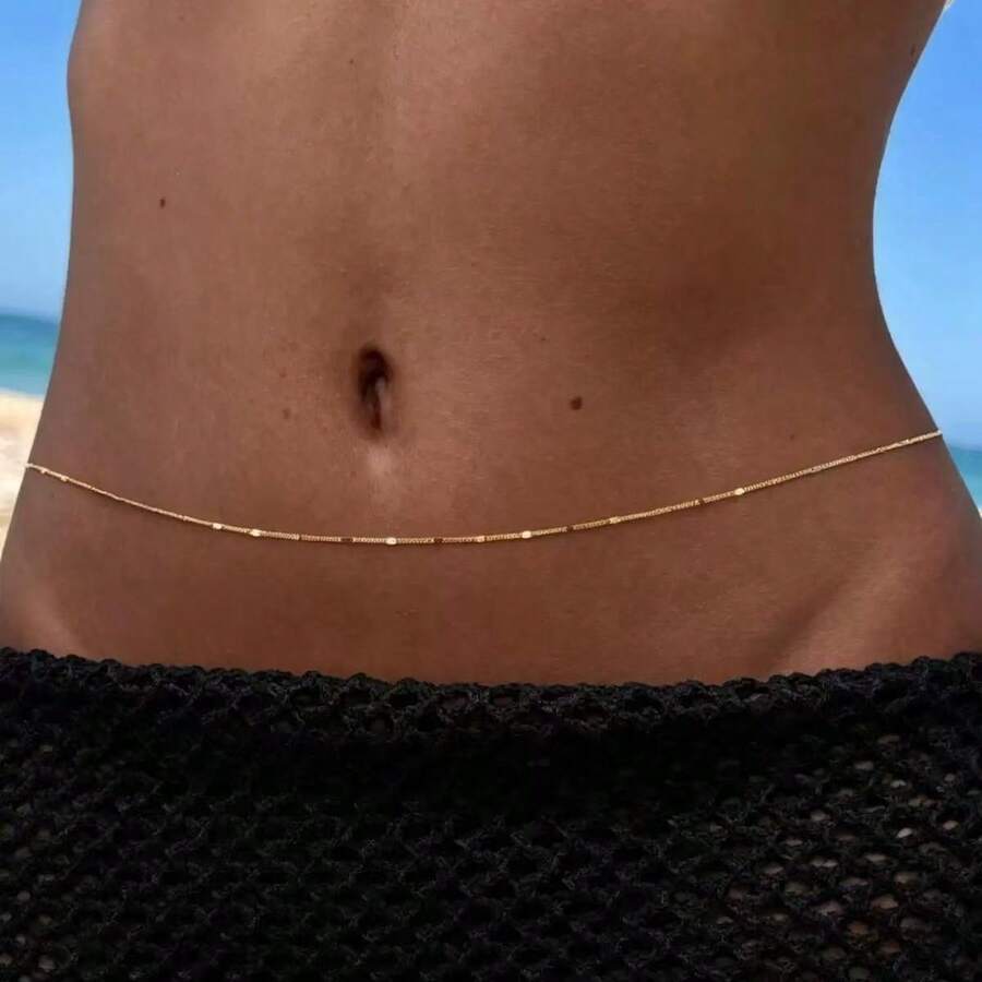 1pc Fashion Minimalist Flat Metal Chain Belly Chain | Bikini Jewelry | Waist Chain | Exquisite Body Chain - Multicolor - View 1