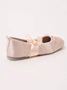 Pink Satin Bow Flat Ballet Shoes For Women, Square Toe Lace Cross Strap Gentle Style Daily Low Vamp Pumps - Pink - View 4