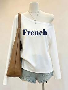 Women's White Long Sleeve Asymmetrical Shoulder T-Shirt, Regular Length Polyester Top, High Elasticity Fabric, Perfect Choice For Autumn Fashion. Casual - White - View 4