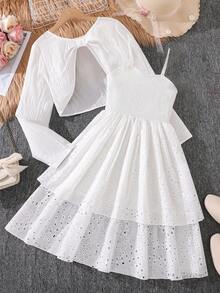 Left Mama Girls Elegant Minimalist Hollow Out Double Layer Camisole Dress With Long Sleeve Cover Up Set, Spring/Autumn - White - View 2