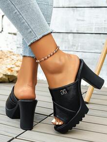 WTKMRSSTEP Fashion Rhinestone Letter Thick Sole Chunky Heel Sandals Women Summer Outdoor Wear High Heel Open Toe Mule Slippers Versatile Commute - Black - View 4