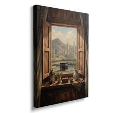 1pc Framed/Unframed Islamic Architecture Window View Rustic Canvas Poster Boho Arabic Muslim Mosque Landscape Wall Art Print Eid Ramadan Decor Religion Scroll Painting For Prayer Room Living Room,Bedroom,Modern Home Decoration - C - View 3