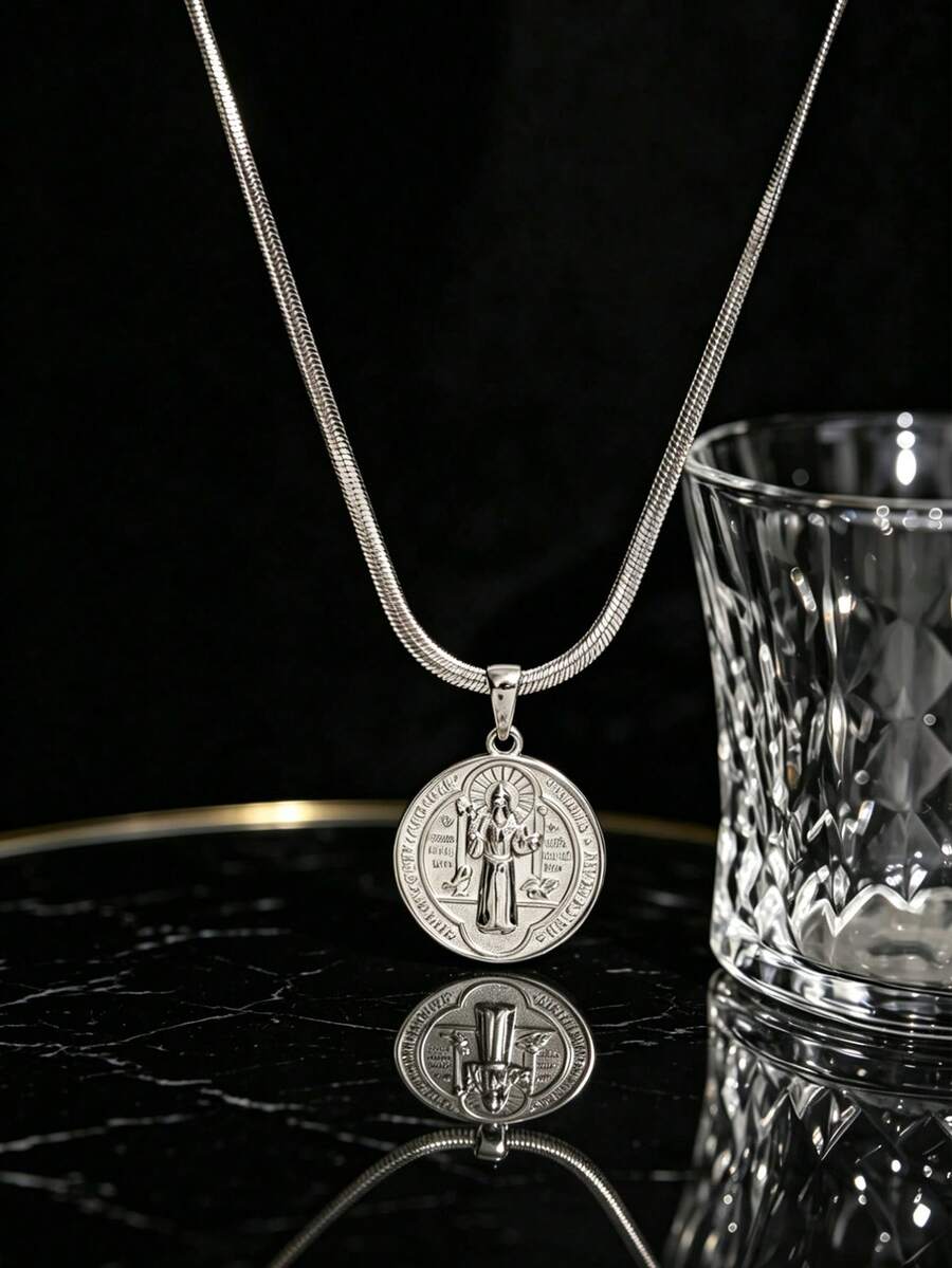 1pc Minimalist Vintage Silver Stainless Steel Men's Necklace, Flat Snake Chain With Double-Sided Embossed St. Benedict Icon Round Pendant, Unisex Daily Prayer Blessing Neck Accessory - Silver - View 1