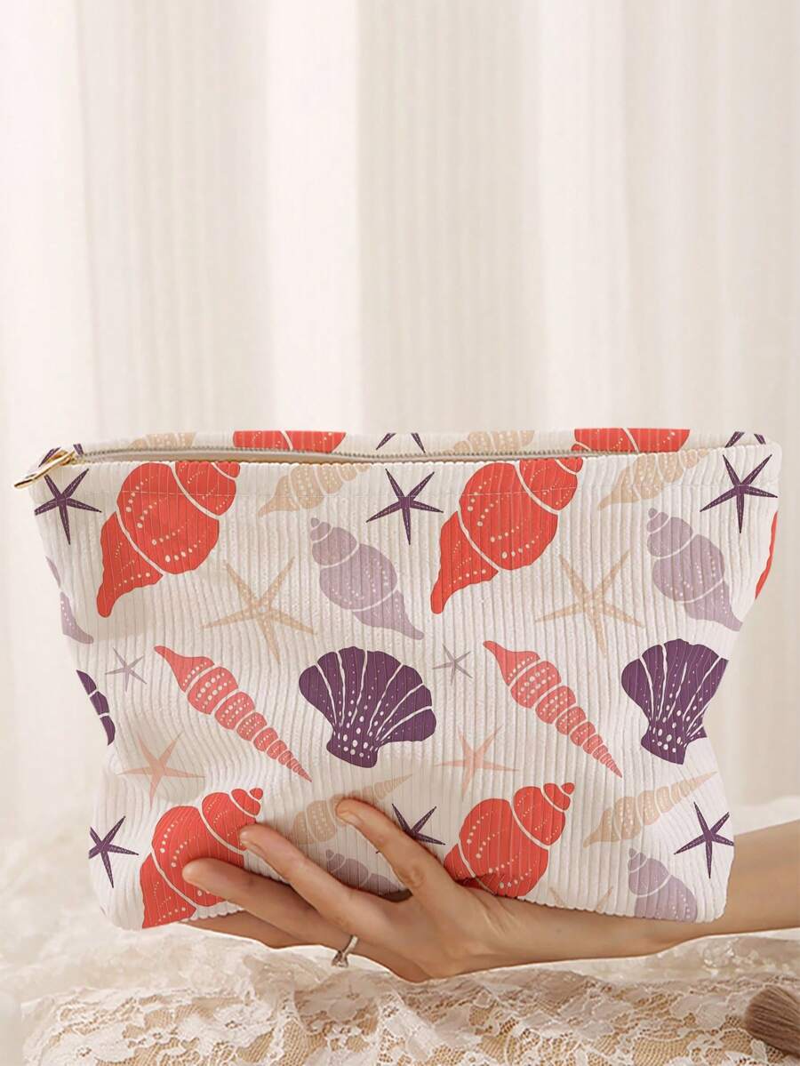 1pc Portable Cosmetic Storage Bag Ocean Series Shell & Starfish Pattern Double-Sided Printed Travel Zipper Makeup Bag Multi-Function Toiletry Organizer - Multicolor - View 1