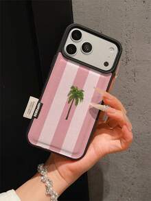 1pc Premium Fashion Minimalist Pink Striped Patchwork Coconut Tree Pattern Leather Phone Case, Full Coverage Shockproof Soft Shell With Large Hole, Suitable For Samsung/Apple 17 Pro Max/11/12/13/14/15/16 Pro Max/17 And Other Models, Holiday Gift - Multicolor - View 5
