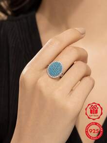 1pc 925 Sterling Silver Ring, Inlaid With Ocean Blue Synthetic Zirconia, Perfect For Daily Wear And Anniversary Gift, Comes With Gift Box. - Silver - View 4