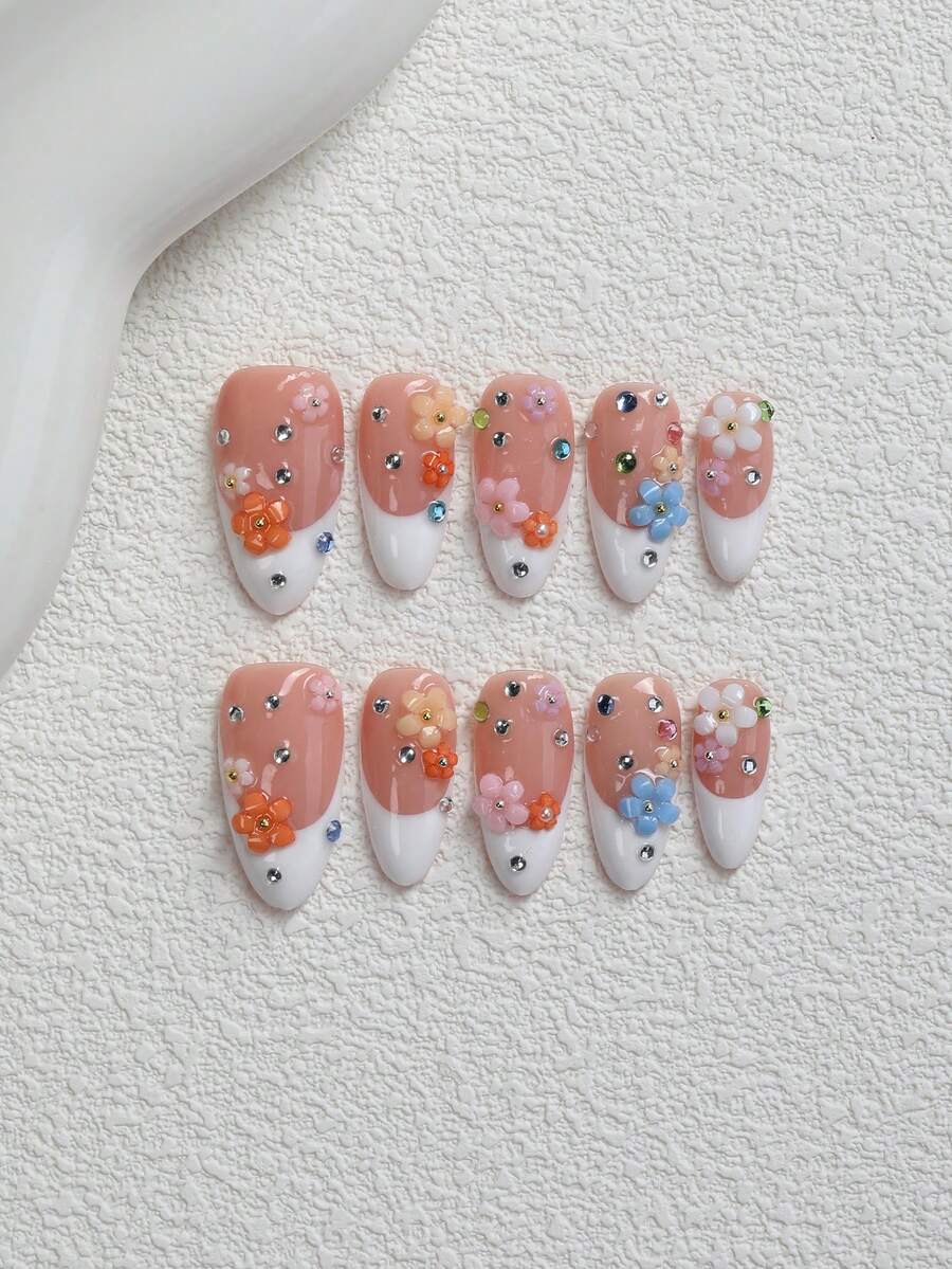 10 pezzi di adesivi per unghie fatti a mano con bordo francese color albicocca nudo, unghie finte classiche, mini fiori 3D colorati con decorazioni miste di strass, adesivi per arte di unghie stile dolce macaron girly, adatti per uso quotidiano, spose, feste di vacanza, forniture per arte di unghie, unghie press-on fatte a mano - Multicolore - Visualizzare 1