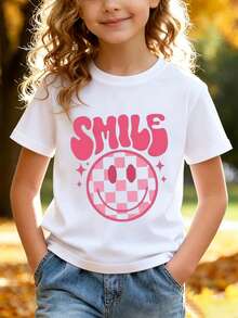 Camiseta de manga corta con estampado de cara sonriente linda para niños, estilo casual, adecuada para niñas, cómoda y transpirable, una pieza personalizada - Blanco - Ver 4