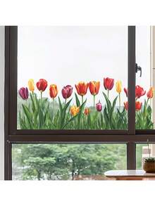 1pc Realistic Colorful Tulip Window Sticker - Spring Floral Greenery Glass Home Decor Static Cling Sticker - Removable Spring Garden Home Glass Sticker, No Glue Needed, No Residue, Spring Floral Theme Home Window Decoration Sticker - Colorful Tulips - View 5