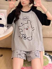 2pcs Women's Pajama Loungewear Set, Cute Animal Print Pattern Pullover Round Neck Casual Short Sleeve, Spring/Summer - Grey - View 8