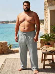 男士大尺碼 1XL-6XL 寬鬆直筒亞麻休閒長褲，夏威夷度假風海灘長褲 - 深灰色 - 查看 4