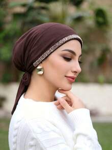 1PC Women's Fashion Solid Color Rhinestone Muslim Tie-Up Hat, Versatile Scarf Headwrap Underscarf, Suitable For Daily Wear - 005-coffee - View 3