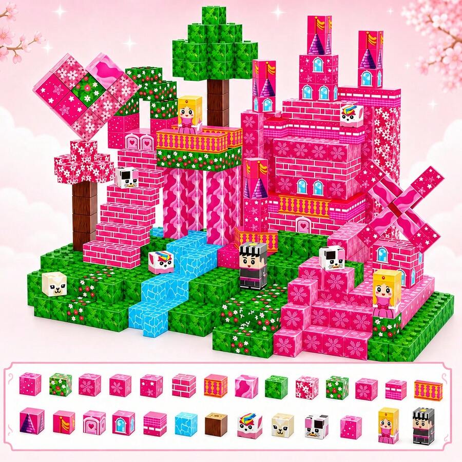 Princess & Knight Magnetic Cube Building Block Set, Pink Castle Pattern Magnet Cubes, Freely Assemble Scene, Suitable For Kids Over 3 Years Old Indoor Play & Gift - Multicolor - View 1