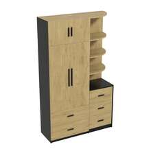Wardrobe With Hanging Rail And Five Drawers, Two-Door Wardrobe + Display Cabinet, Bedroom Storage Unit, Storage Cabinet In Natural Wood + Black (Natural Wood + Black) - Natural+Black - View 6