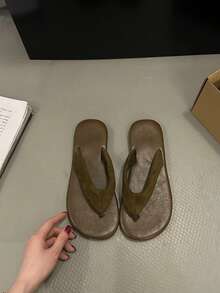 Women's Fashion Vintage Flat Flip Flops, Soft Sole Non-Slip Toe-Post Sandals, Minimalist Korean Slouchy Vacation Commute Outdoor Wear Mule Slippers - Green - View 3