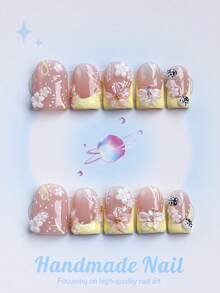 10PCS-Handmade Press On Nails, Square Shape, Fake Nails, Y2K Style, Sturdy, Reusable, Yellow, Paired With French Style, 3D Design, Suitable For Daily Wear, Parties, Vacations, And Also The Best Holiday Gift For Girls And Women. - Yellow - View 1