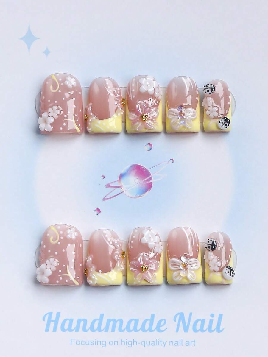 10PCS-Handmade Press On Nails, Square Shape, Fake Nails, Y2K Style, Sturdy, Reusable, Yellow, Paired With French Style, 3D Design, Suitable For Daily Wear, Parties, Vacations, And Also The Best Holiday Gift For Girls And Women. - Yellow - View 1