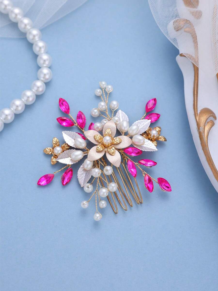 1pc Women's Purple Rhinestone Faux Pearl Hair Comb, Elegant Floral Design Bridal Hair Accessory, Suitable For Wedding, Prom And Party Occasions - Hot Pink - View 1