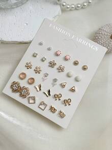 15 Pairs Cute Fashionable Flower Rhinestone Bow Square Letter Minimalist Stud Earrings Set For Women, Suitable For Daily Wear, Vacation, Jewelry Gift - Multicolor - View 3