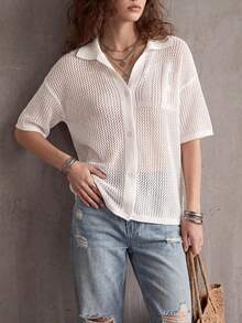 女款 Polo 領純色單排扣鏤空短袖夏季寬鬆休閒時尚針織開襟衫，海灘度假風 - 白色 - 查看 5