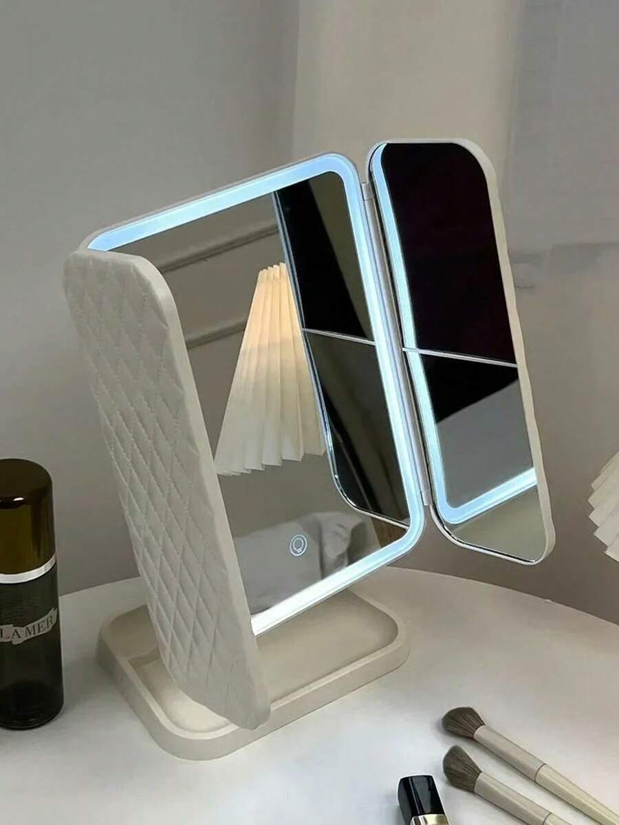 1pc 3-Fold LED Makeup Mirror With Light, Touch Dimming 3 Color Modes, 2X Magnification, 180° Rotatable Foldable Desktop Mirror With Storage Tray, Portable Travel Beauty Gift, Suitable For Women Bedroom Dorm - LED Tri-fold Cushion Makeup Mirror - View 1