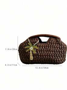 Dedoo 女款手拿包，純色草編，蘭花吊飾，手持式，復古優雅，夏季女性日常使用（隨機吊飾掛鉤） - 咖啡 - 查看 8