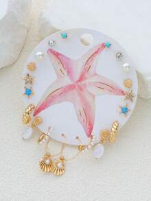 20pcs Fashion Simple Elegant Bohemian Starfish Shell Faux Pearl Pendant Gold Stud Earrings Set For Women, Summer Beach Vacation Date Party Holiday Birthday Gift, Versatile For Daily Wear - Yellow Gold - View 5