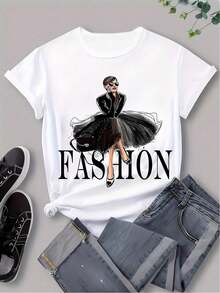 Women's Casual Loose Round-Neck T-Shirt With Female Figure Pattern, White, Summer - White - View 1
