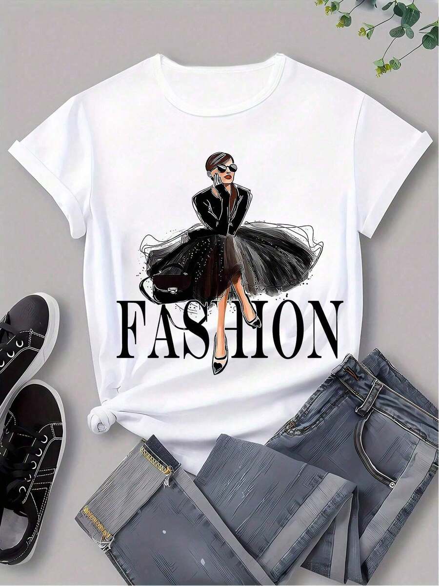 Women's Casual Loose Round-Neck T-Shirt With Female Figure Pattern, White, Summer - White - View 1
