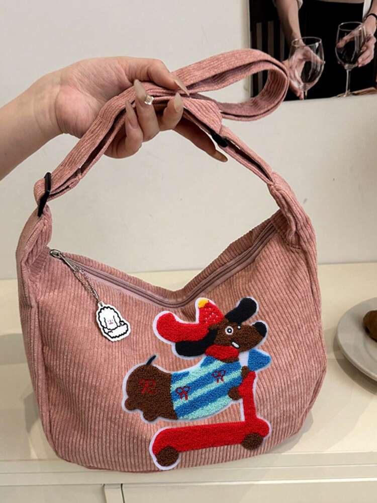 卡通滑板臘腸狗毛巾刺繡燈芯絨布藝女款大容量腋下斜挎包，休閒托特包，餃子包，可調節肩帶，可收納筆電、手機、錢包、化妝品與書籍，適合日常通勤、購物、約會、旅行、度假、健身運動，簡約時尚百搭，適合學生、上班族、老師、媽媽、好友，畢業季、開學季、教師節、生日、週年、節日慶祝送禮首選 - 彩色 - 查看 7