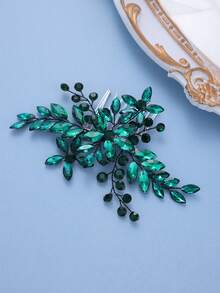 1 pieza Peine para el cabello con flor de cristal transparente plateado, elegante tocado nupcial para boda, baile de graduación, fiesta, accesorio de lujo con strass para mujeres - Verde Oscuro - Ver 2