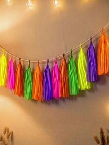 5pcs/Set Multicolor Fluorescent Tassel Garland Banner, Fluorescent Party Supplies, Glow-In-The-Dark Paper Tassel Curtain, Neon Party Decoration, Tassel Banner, Suitable For Fluorescent Photography Backdrop, Birthday Party, Wedding Party, Hawaiian Beach Party, Luau Party, Holiday Celebration And Home Decor, Tassel Decoration, Back To School, Halloween, Christmas Decoration - Multiple Styles - View 3