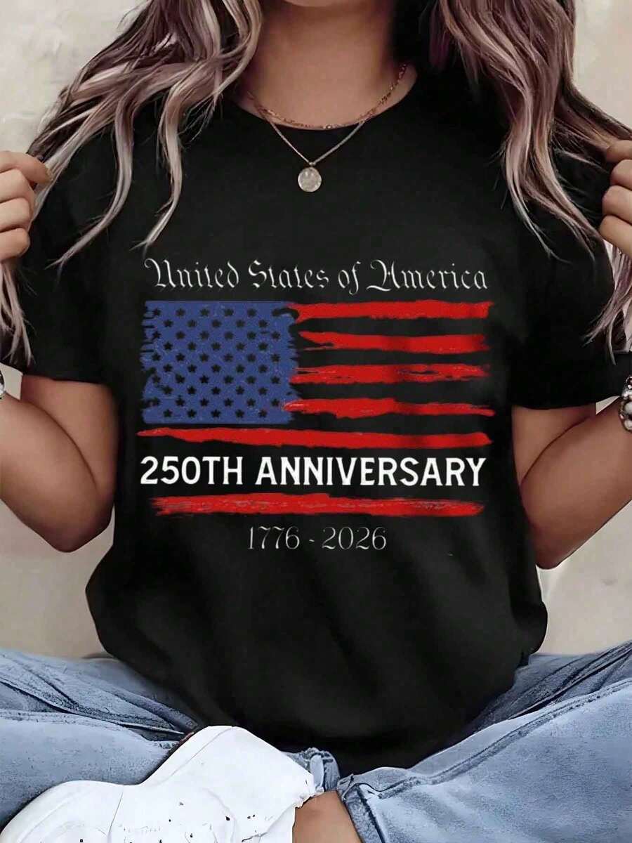 Unisex-T-Shirt (220 g) mit US-Flagge zum 250. Jahrestag, lässiges Oberteil für Damen und Herren - Schwarz - Übersicht 1