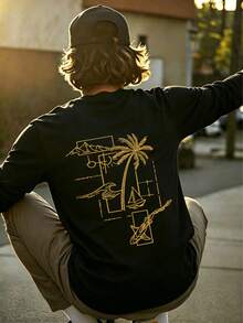 New Men's Casual Relaxed Everyday Versatile Palm Tree Creative Round Neck Long Sleeve T-Shirt - Black - View 2