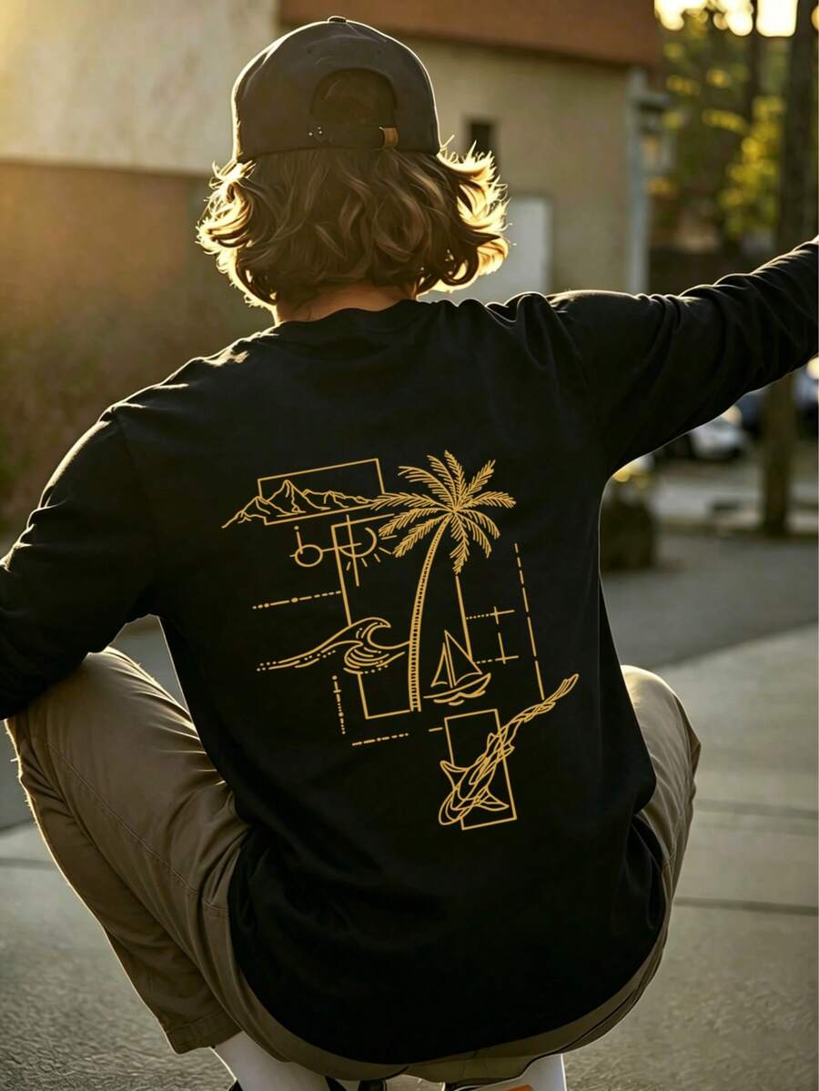 Kaos Pria Baru Kasual Santai Sehari-hari Serbaguna Motif Pohon Palem Kreatif Lengan Panjang Leher Bulat - Hitam - View 1