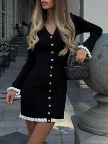 Gaun Sweater Mini Rajut Hitam Wanita, Kancing Emas, Lengan Panjang Berkerut, Potongan Ramping, Pakaian Musim Gugur - Hitam - View 9