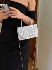New Evening Party Small Square Bag With Structured Pleated Texture, Elegant Sophisticated Chain Strap Crossbody Handbag For Women, Formal Dress Party - White - View 3