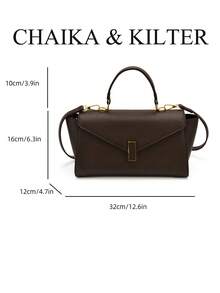 CHAIKA & KILTER 1件裝純色PU布料女款時尚翼型手提包，金屬鎖扣開合，頂部單手柄，可拆卸可調節肩帶，可手提、肩背或斜背，適合日常購物 - 咖啡 - 查看 2