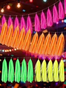 5pcs/Set Multicolor Fluorescent Tassel Garland Banner, Fluorescent Party Supplies, Glow-In-The-Dark Paper Tassel Curtain, Neon Party Decoration, Tassel Banner, Suitable For Fluorescent Photography Backdrop, Birthday Party, Wedding Party, Hawaiian Beach Party, Luau Party, Holiday Celebration And Home Decor, Tassel Decoration, Back To School, Halloween, Christmas Decoration - Multiple Styles - View 4