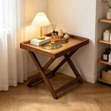 1PC Vintage Walnut Color Folding Side Table, Premium Bedroom Bedside Table, Outdoor Camping Balcony Leisure Tea Table, Study Storage Table, Can Be Used As Sofa Side Table, Home Room Decor Side Table, Patio Small Furniture, Christmas, Halloween Living Room Display Table, Suitable For Multiple Scenarios, Kitchen, Office, Etc. - Multicolor - View 1