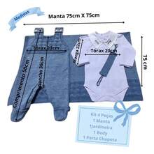 Kit Saída Maternidade Bebê Menino Tricô Enxoval Jardineira - jeans - Visão 5