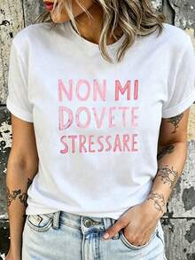 女款圓領短袖T恤－黑色，印有大膽義大利語短句「Non Mi Dovete Stressare」，春夏休閒穿著。白色 - 白色 - 查看 6