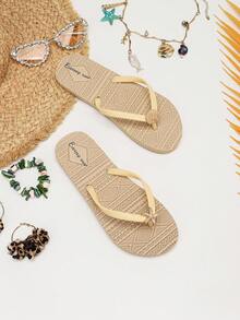 Evertop Surf Summer Ocean Style Oil Drop Shell & Starfish Decor Chain Square Toe Flat Slide Sandals AB Version Asymmetric Sandals Soft Sole Beach Vacation Bohemian Daily Versatile Street Style Original Design - Apricot - View 6